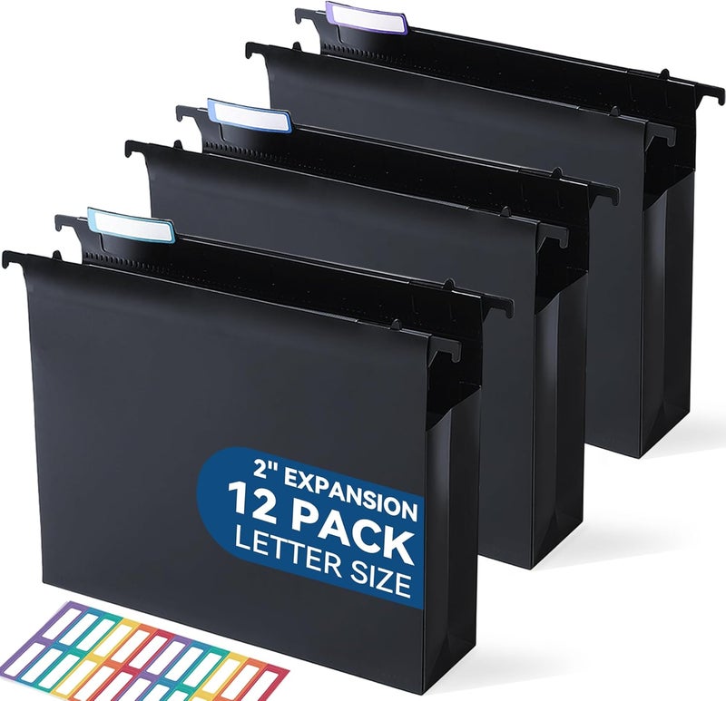 SortRax Plastic Extra Capacity Hanging File Folders, 2" Expanding Pocket, Heavy Duty for Filing Cabinet, Insertable 1/5-Cut Tabs, Letter Size - 12 Pack - Image 1